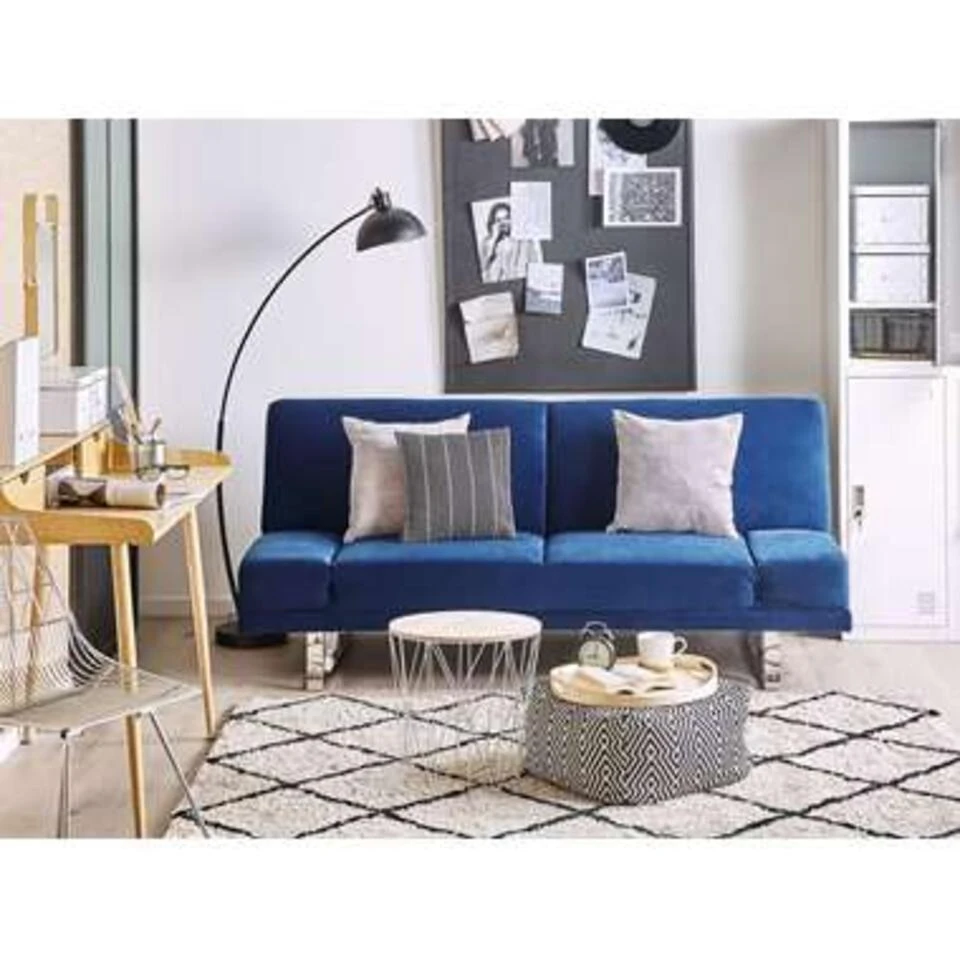 Beliani Slaapbank - YORK Blauw Fluweel 4 Beliani Slaapbank - YORK Blauw Fluweel - Afbeelding 2