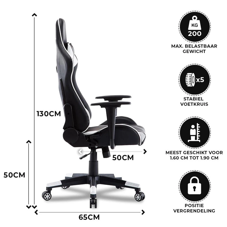 Gamestoel Las Vegas - Zwart / Wit - Gaming Stoel - Bureaustoel 5 Gamestoel Las Vegas - Zwart / Wit - Gaming Stoel - Bureaustoel - Afbeelding 3