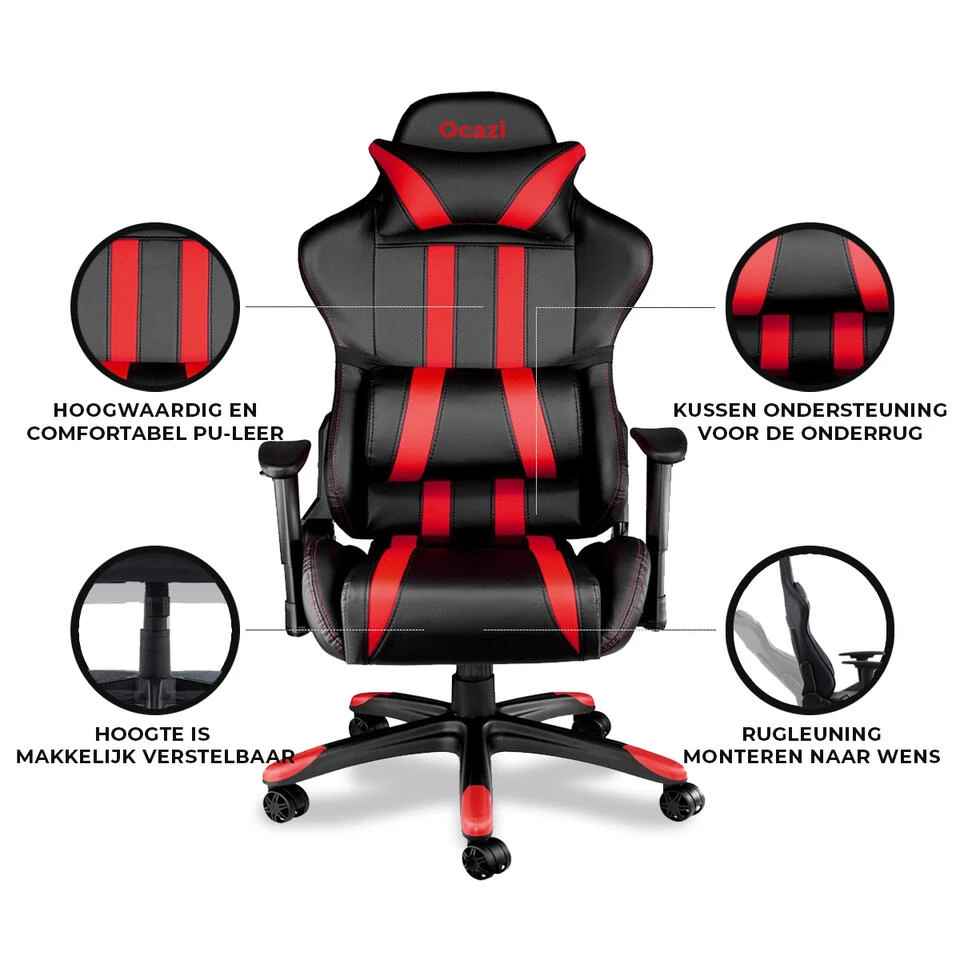 Ocazi Chicago Gaming Stoel - Bureaustoel - Zwart/Rood 6 Ocazi Chicago Gaming Stoel - Bureaustoel - Zwart/Rood - Afbeelding 4