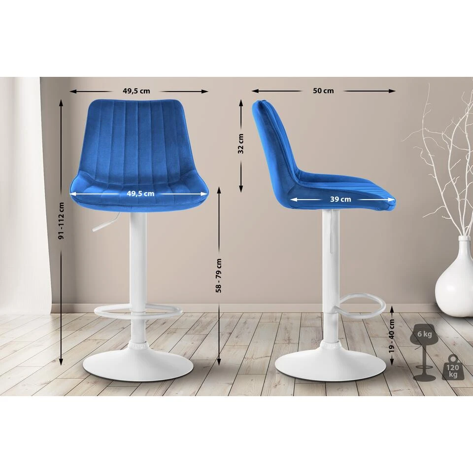 CLP Barkruk Toni Fluweel Wit Frame Blauw 4 CLP Barkruk Toni Fluweel Wit Frame Blauw - Afbeelding 2