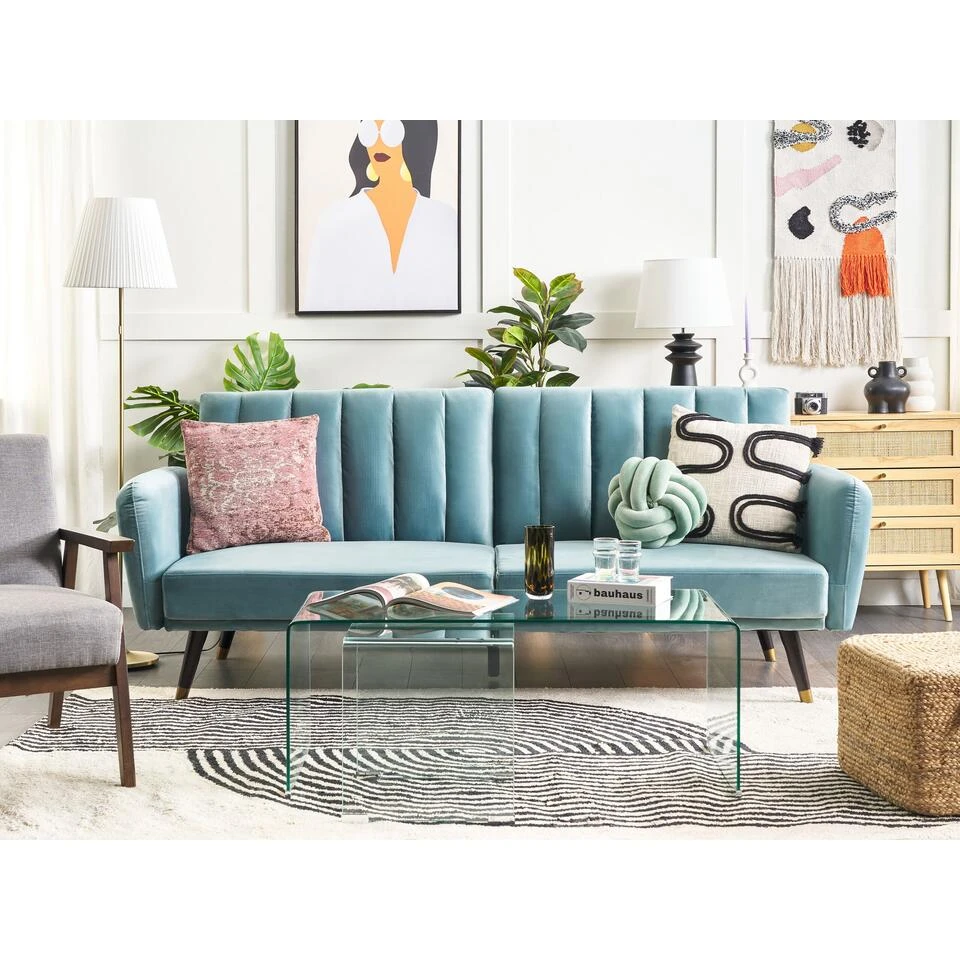 Beliani Slaapbank - VIMMERBY Blauw Fluweel 4 Beliani Slaapbank - VIMMERBY Blauw Fluweel - Afbeelding 2