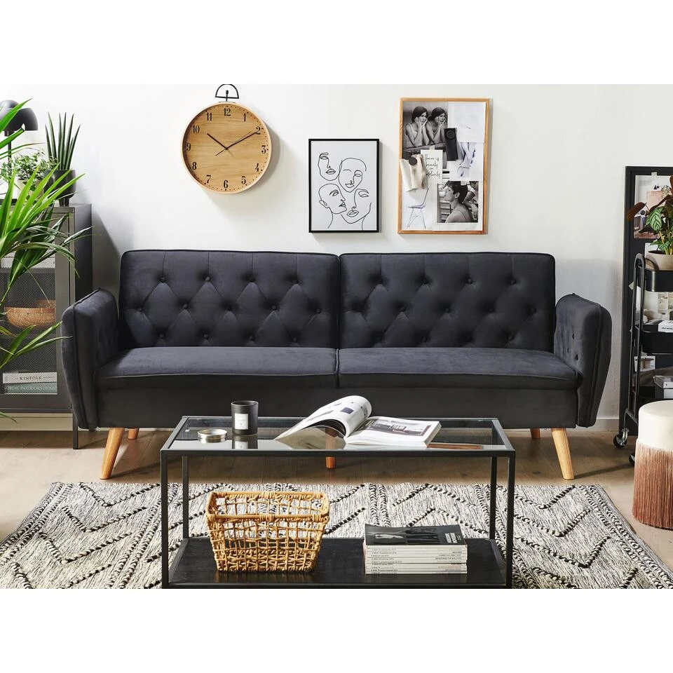 Beliani Slaapbank - BARDU Zwart Fluweel 4 Beliani Slaapbank - BARDU Zwart Fluweel - Afbeelding 2