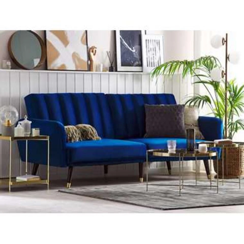 Beliani Slaapbank - VIMMERBY Blauw Fluweel 4 Beliani Slaapbank - VIMMERBY Blauw Fluweel - Afbeelding 2